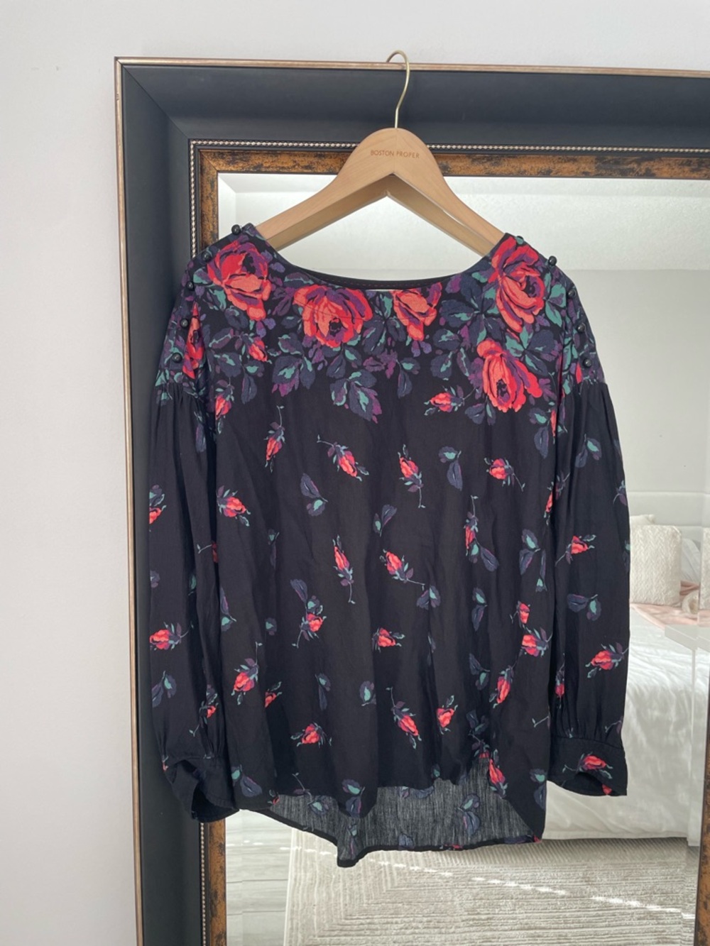 Anthropologie // Maeve Black Long Sleeve Blouse w/ Coral Roses - Picture 3 of 6